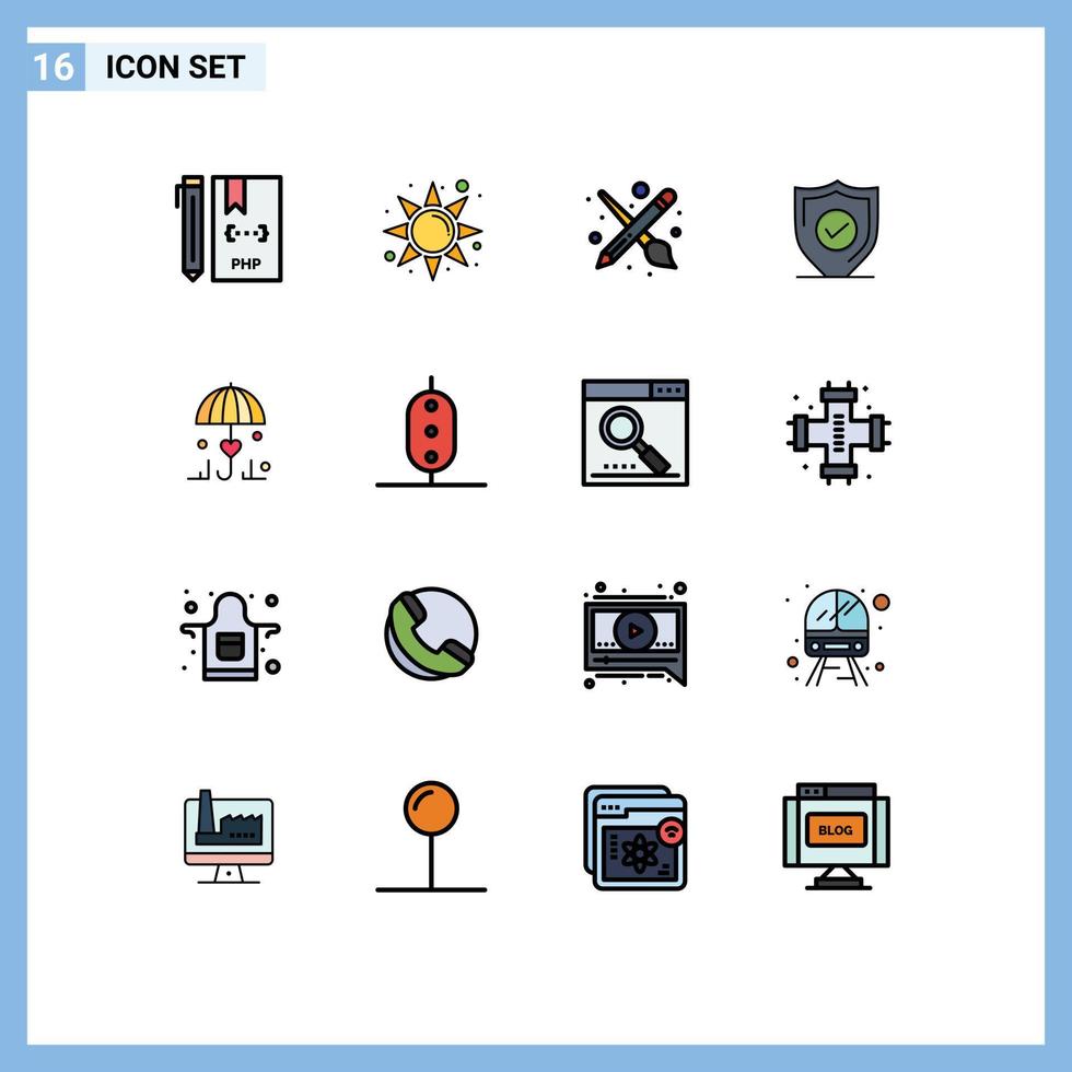 16 vlak kleur gevulde lijn concept voor websites mobiel en apps paraplu beveiligen borstel veiligheid bevestigen bewerkbare creatief vector ontwerp elementen