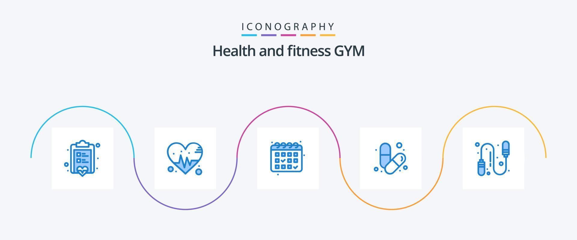 Sportschool blauw 5 icoon pak inclusief springen touw. oefening. kalender. pillen. Gezondheid vector