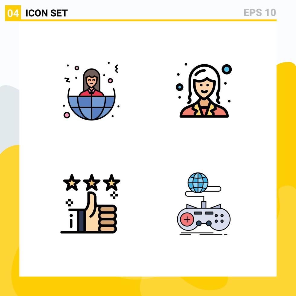 4 gevulde lijn vlak kleur concept voor websites mobiel en apps bedrijf ondersteuning wereld vrouw omhoog bewerkbare vector ontwerp elementen