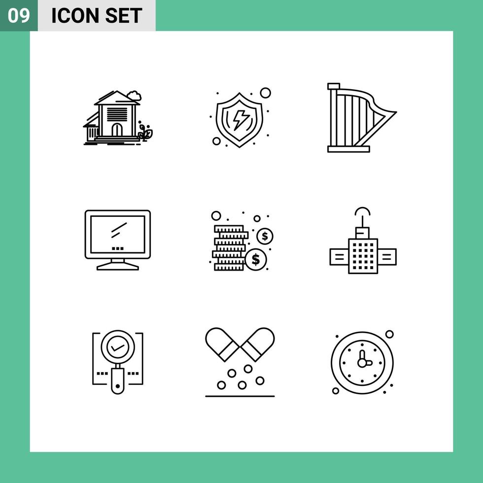 modern reeks van 9 contouren pictogram van apparaat computer schild geluid instrument bewerkbare vector ontwerp elementen