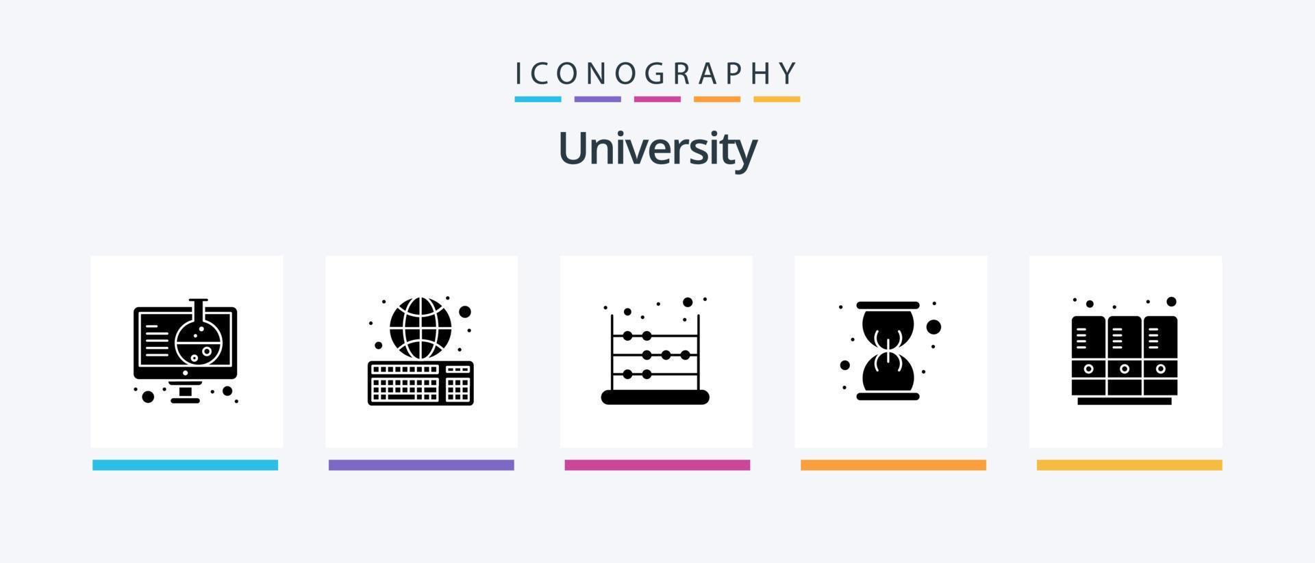 Universiteit glyph 5 icoon pak inclusief sport- kluisjes. telraam. horloge. glas. creatief pictogrammen ontwerp vector