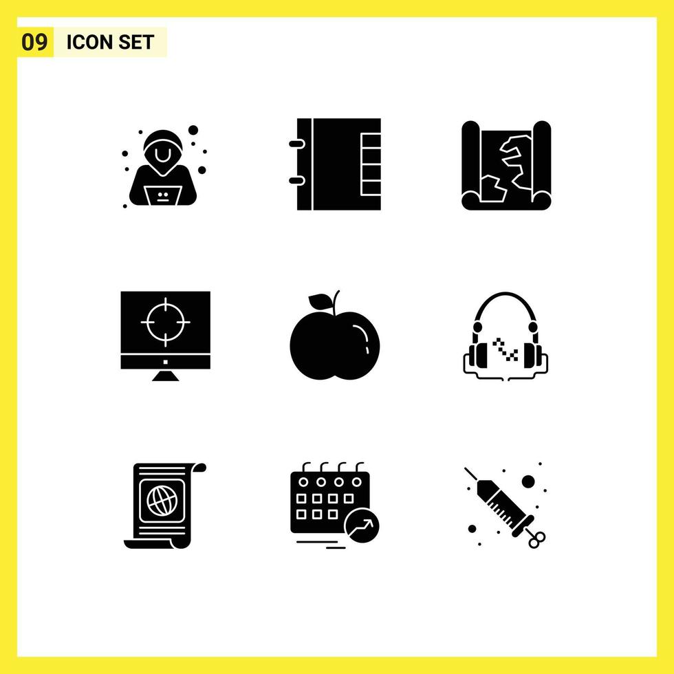pictogram reeks van 9 gemakkelijk solide glyphs van muziek- voedsel pin appel doelwit bewerkbare vector ontwerp elementen