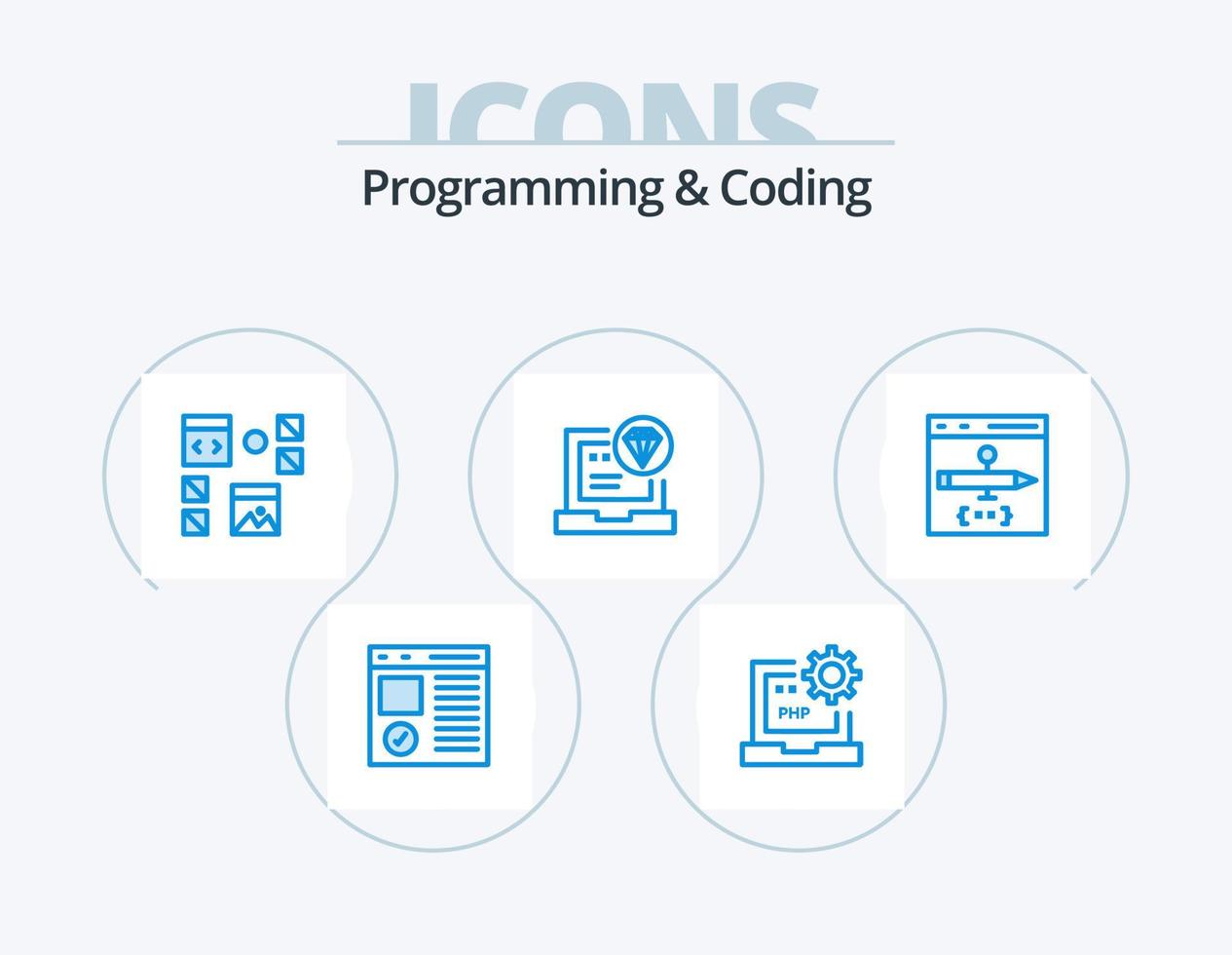programmering en codering blauw icoon pak 5 icoon ontwerp. code. app. ontwikkeling. programmeren. ontwikkeling vector