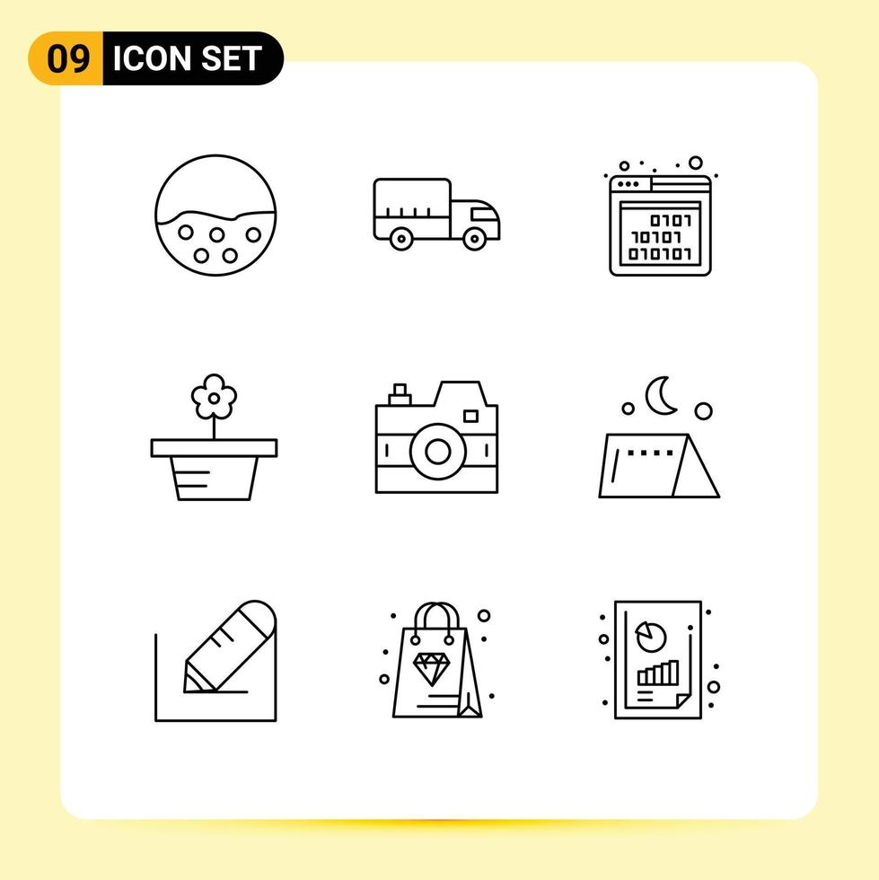 reeks van 9 modern ui pictogrammen symbolen tekens voor camera pot vrachtauto natuur seo bewerkbare vector ontwerp elementen