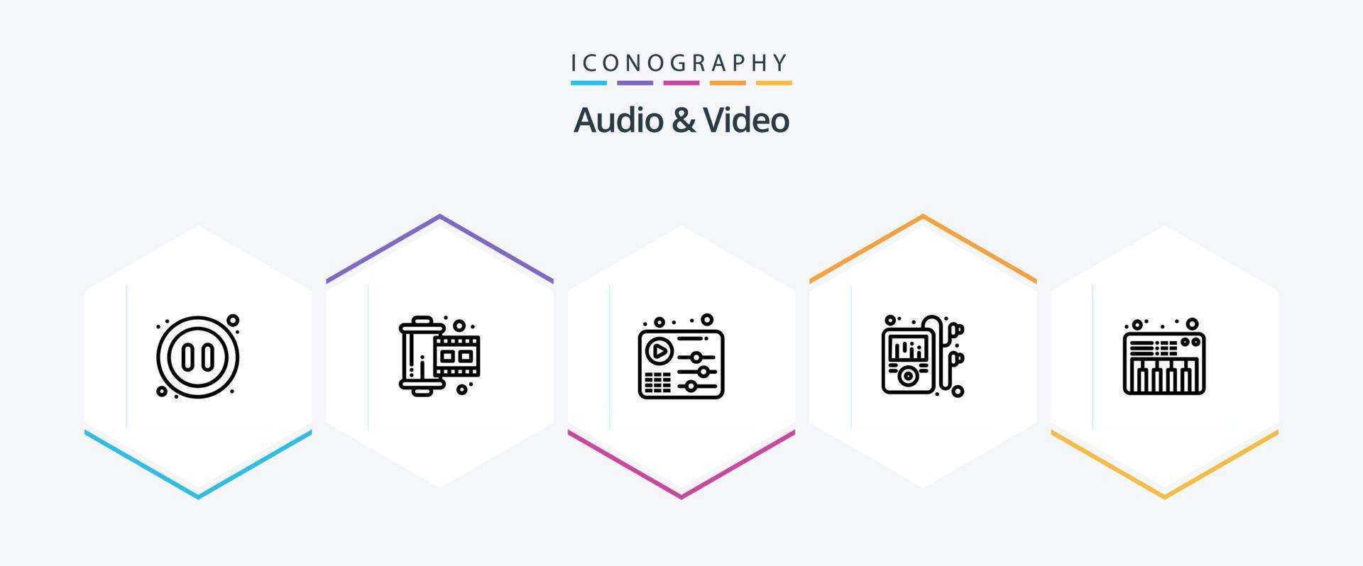 audio en video 25 lijn icoon pak inclusief geluid. muziek. geluid. speler. smp multimedia vector