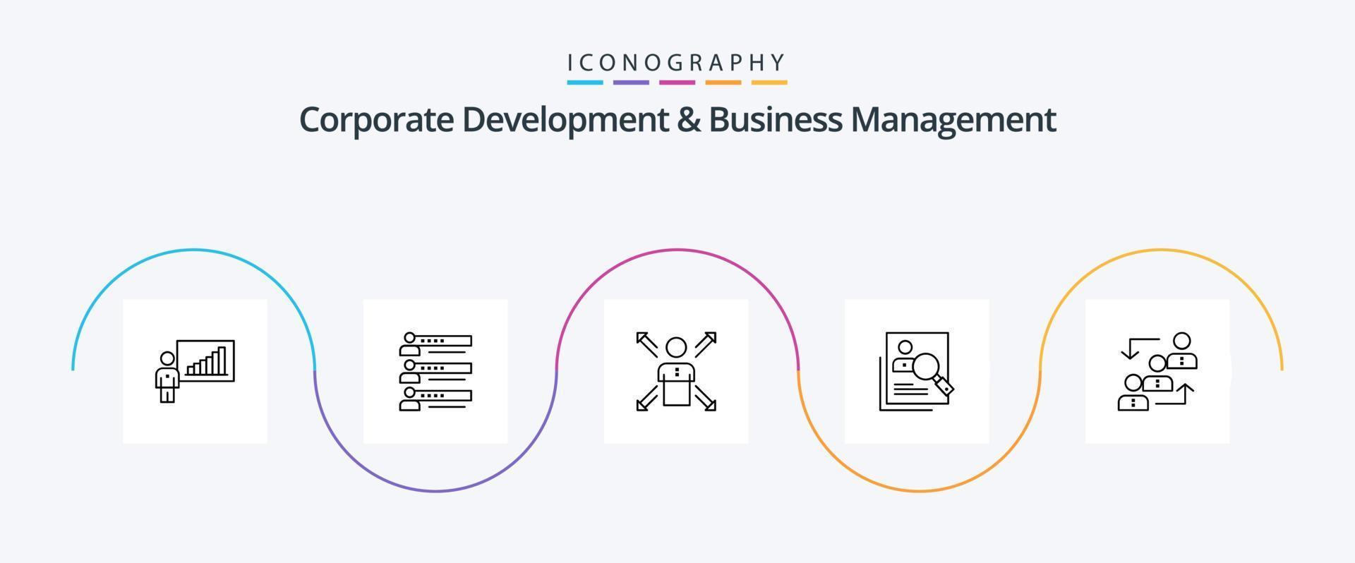 zakelijke ontwikkeling en bedrijf beheer lijn 5 icoon pak inclusief persoon. medewerker. profiel. richting. pijlen vector