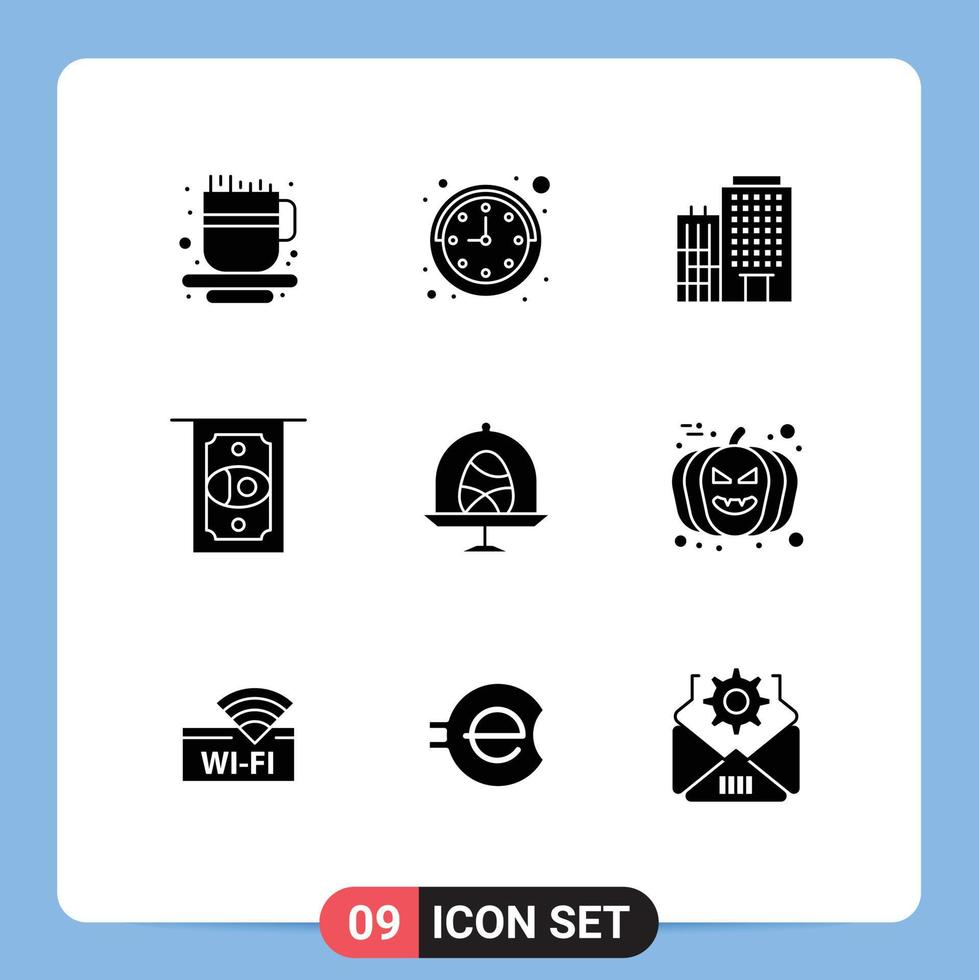 9 solide glyph concept voor websites mobiel en apps gezicht voedsel huis ei geld bewerkbare vector ontwerp elementen