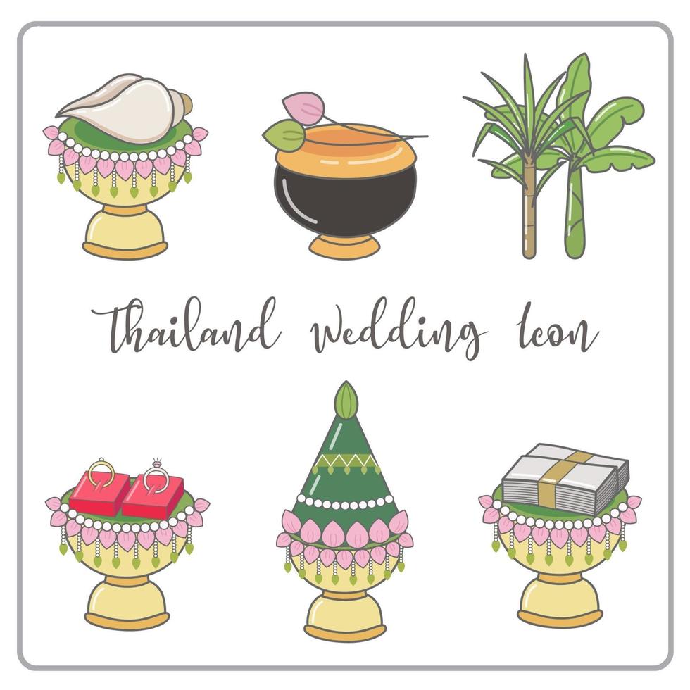 bruiloft tijdlijn Thaise pictogrammen instellen. Thailand huwelijksceremonie pictogram. vector