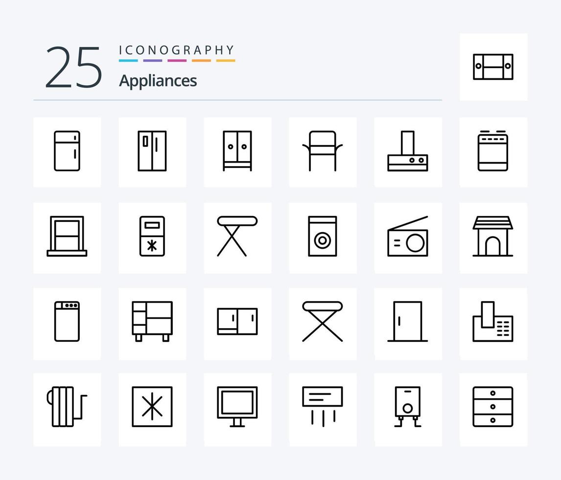 huishoudelijke apparaten 25 lijn icoon pak inclusief huis. stoel. koelkast. hotel. meubilair vector