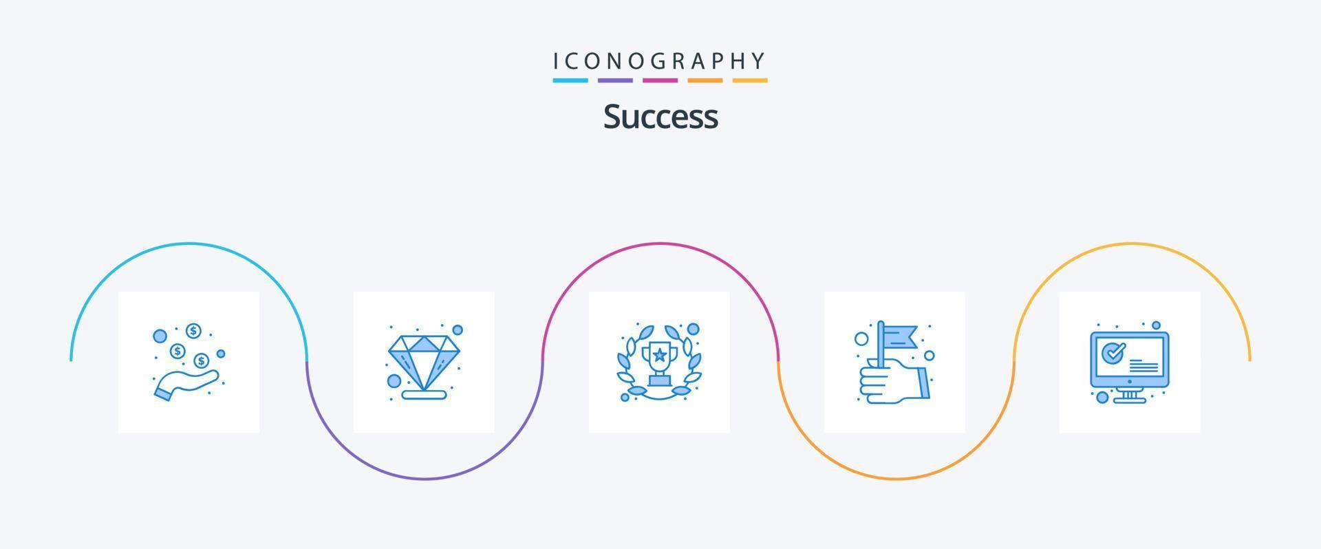 sucess blauw 5 icoon pak inclusief monitor. juist. onderscheidingen. winnaar. hand- vector