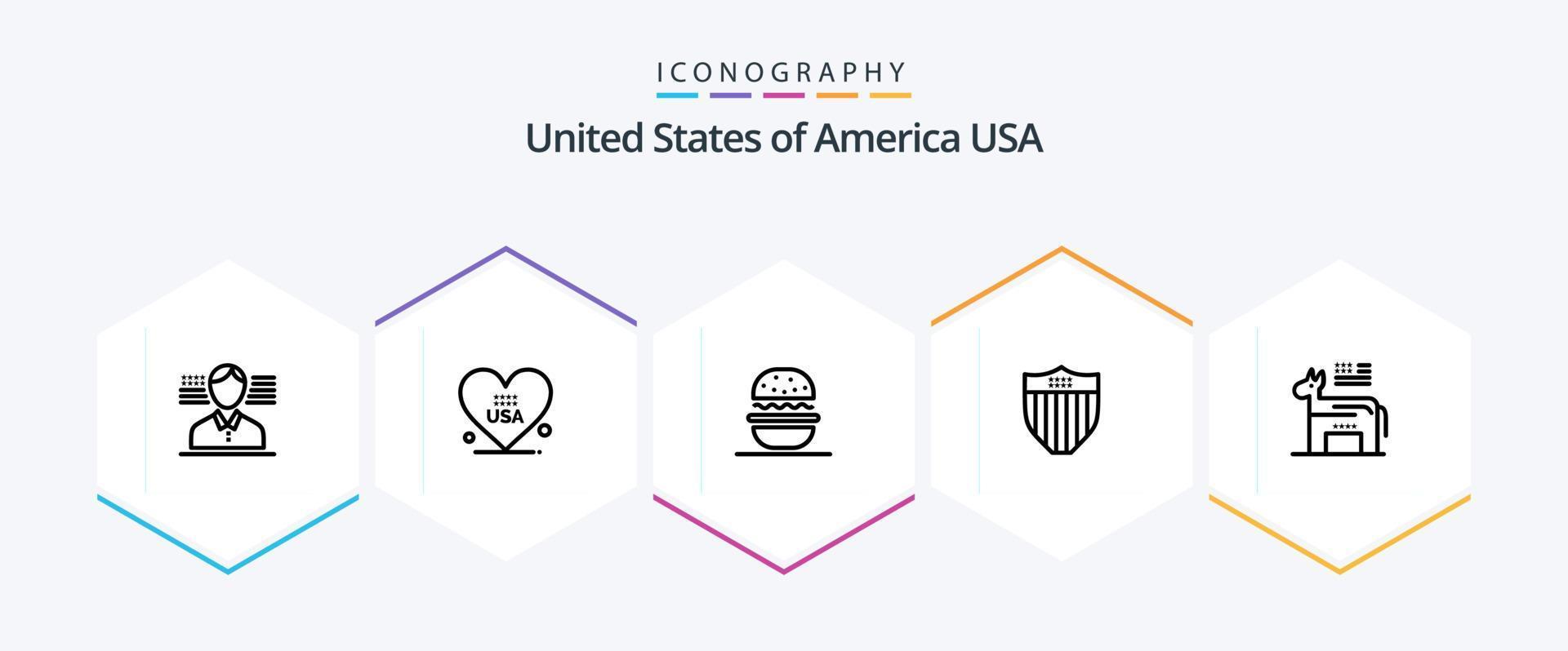Verenigde Staten van Amerika 25 lijn icoon pak inclusief politiek. ezel. eten. Verenigde Staten van Amerika. schild vector