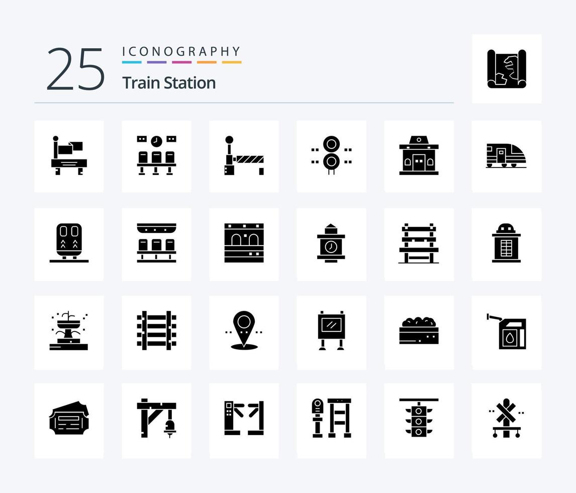 trein station 25 solide glyph icoon pak inclusief ticket. gebouw. trein. vervoer. verkeer vector