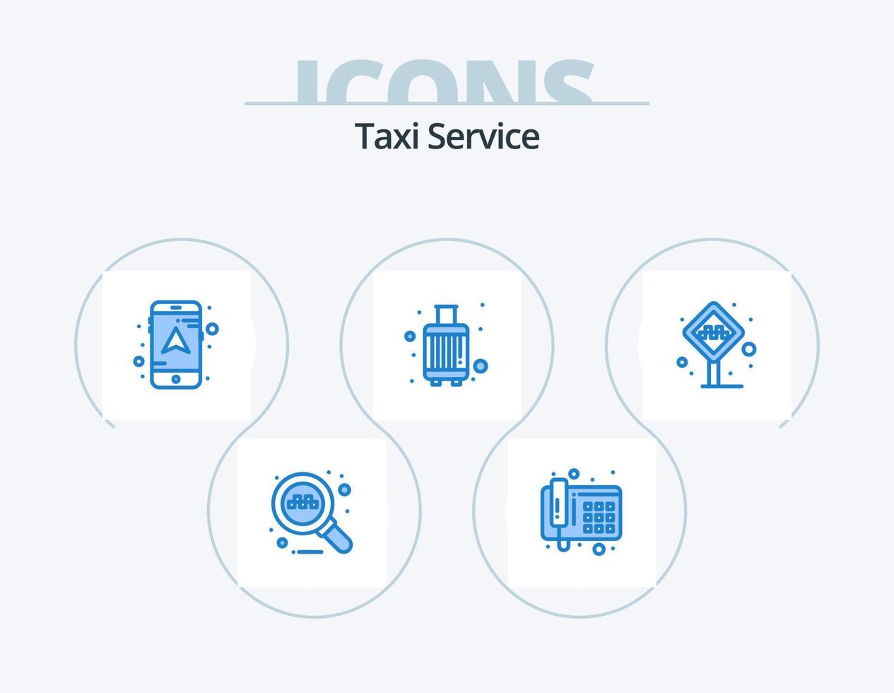 taxi onderhoud blauw icoon pak 5 icoon ontwerp. taxi. cabine. navigatie. luchthaven. koffer vector