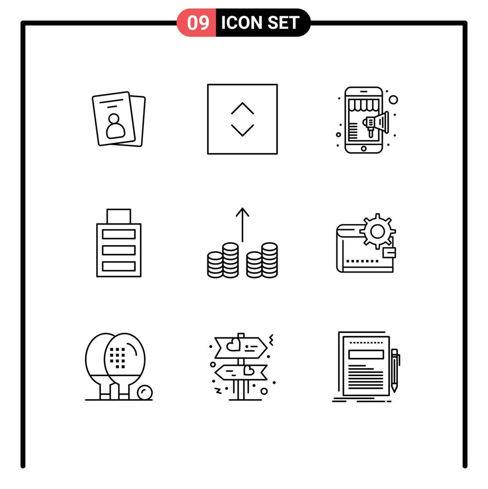 modern reeks van 9 contouren pictogram van portemonnee contant geld uit winkel contant geld vol bewerkbare vector ontwerp elementen