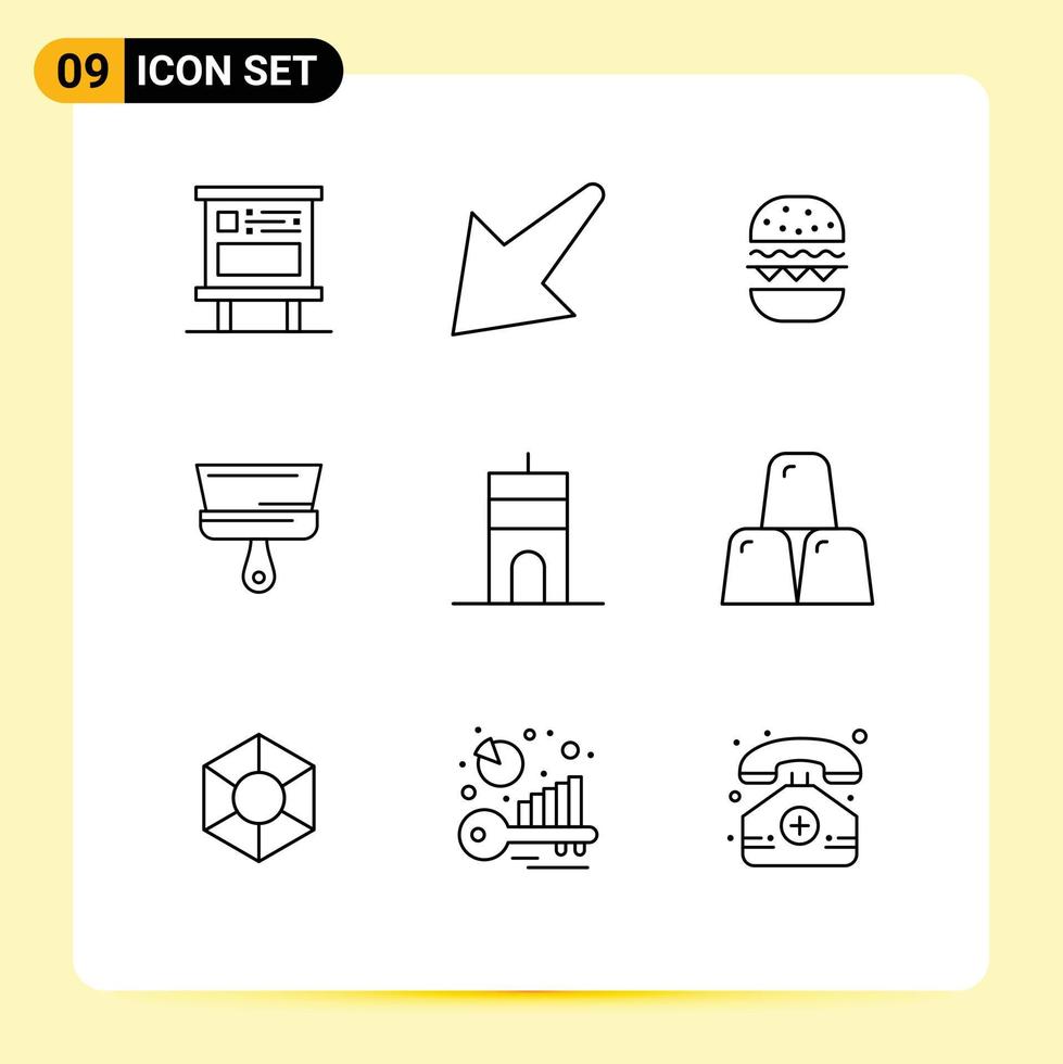 universeel icoon symbolen groep van 9 modern contouren van gebouwen gereedschap hamburger verf borstel borstel bewerkbare vector ontwerp elementen