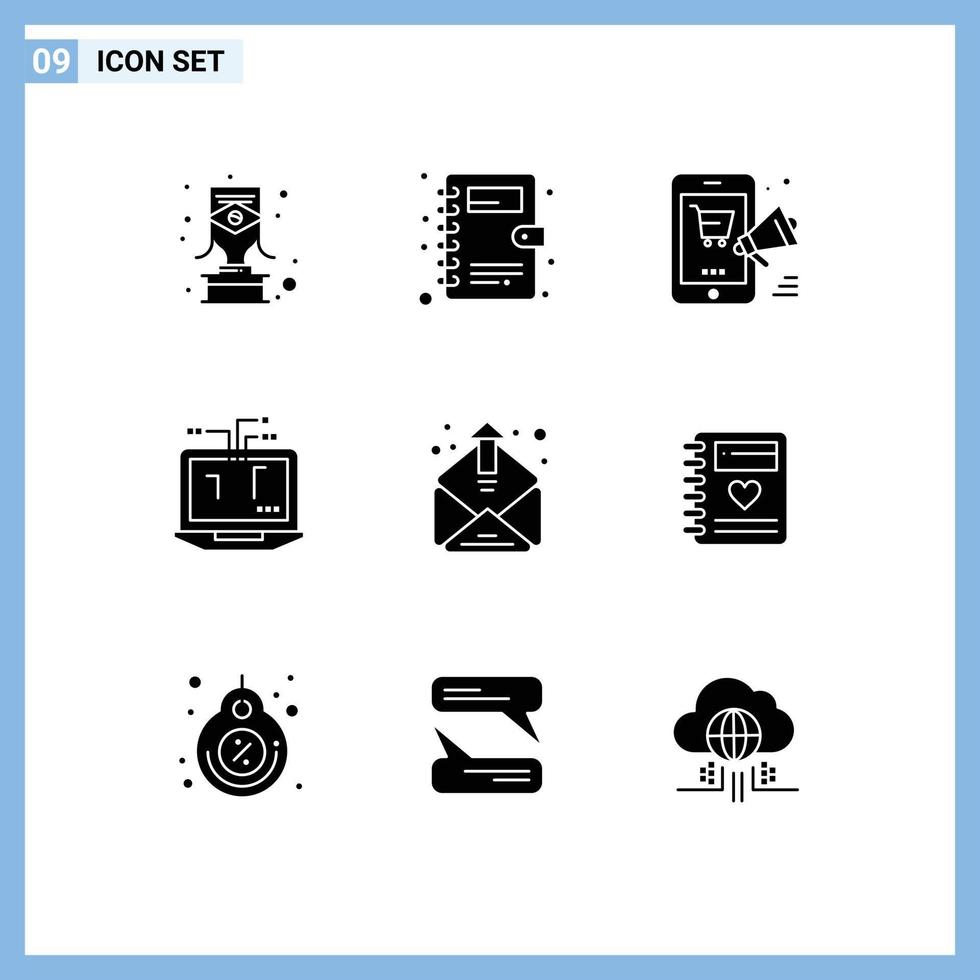 modern reeks van 9 solide glyphs pictogram van e-mail hardware mobiel laptop computer bewerkbare vector ontwerp elementen