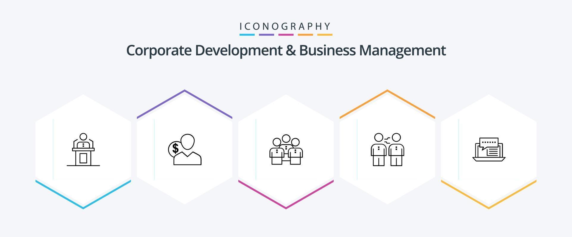 zakelijke ontwikkeling en bedrijf beheer 25 lijn icoon pak inclusief mensen. bedrijf. gebruiker. vrienden. geld vector