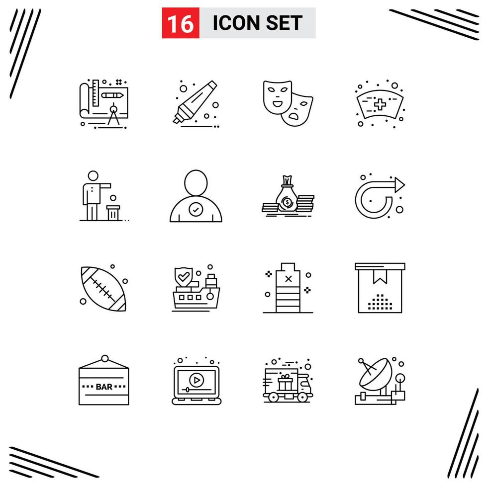 modern reeks van 16 contouren pictogram van gedachte ideeën theater idee verpleegster bewerkbare vector ontwerp elementen