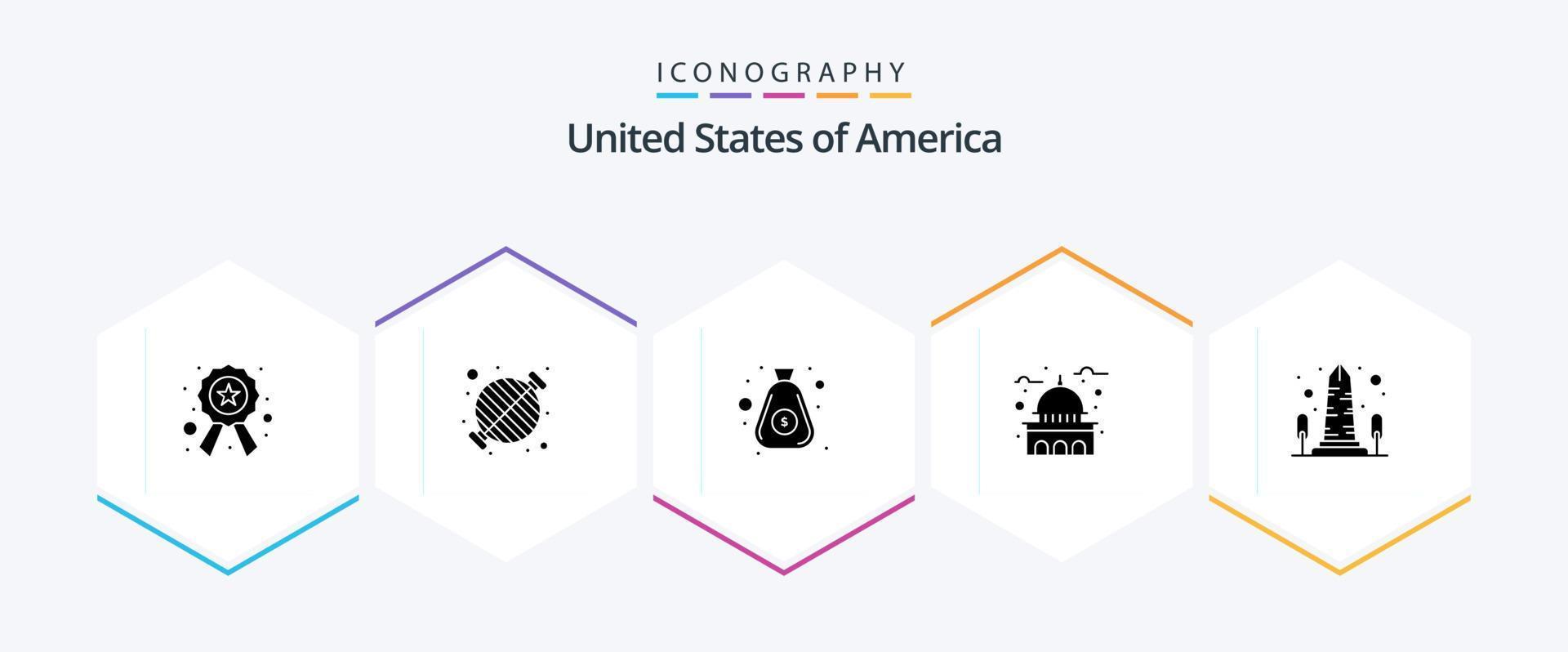 Verenigde Staten van Amerika 25 glyph icoon pak inclusief wit. mijlpaal. feest. huis. contant geld vector