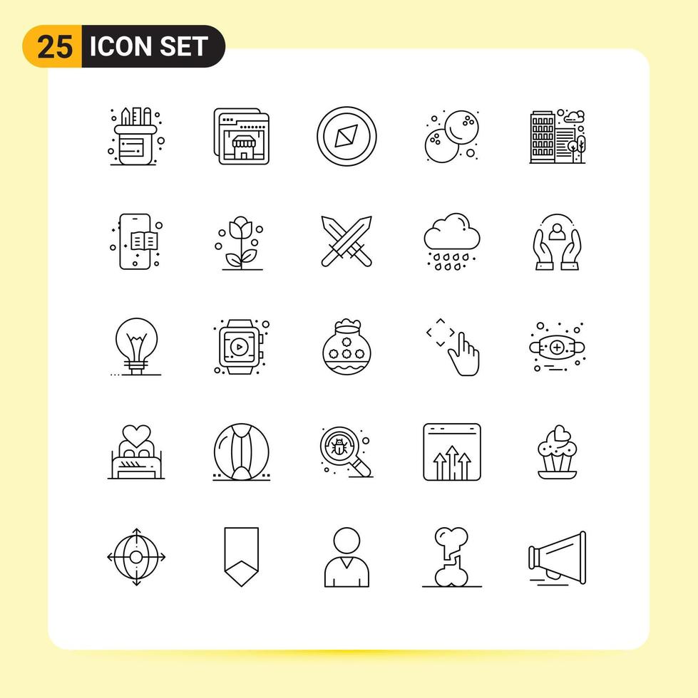 reeks van 25 modern ui pictogrammen symbolen tekens voor mobiel huis oriëntering stad fruit bewerkbare vector ontwerp elementen