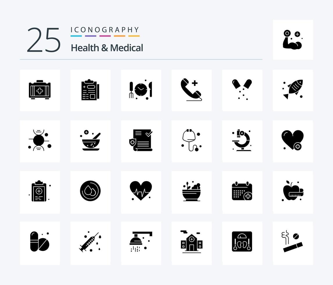 Gezondheid en medisch 25 solide glyph icoon pak inclusief medisch. gezondheidszorg. tijd. Gezondheid. ziekenhuis vector