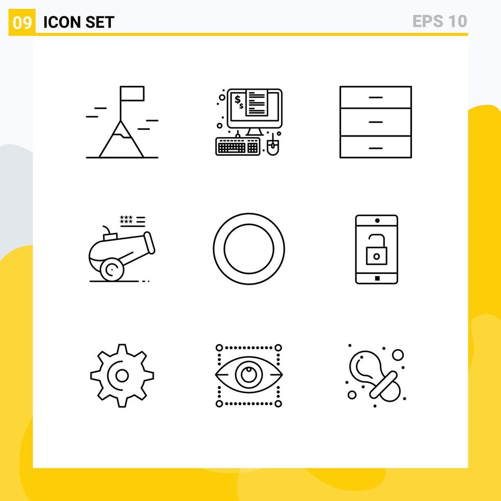 groep van 9 contouren tekens en symbolen voor ring Mortier kabinet houwitser groot geweer bewerkbare vector ontwerp elementen