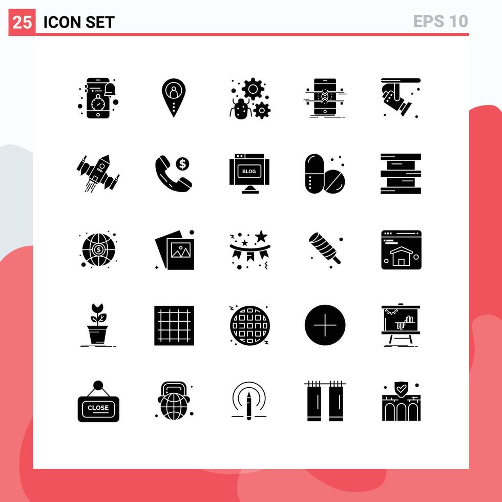 25 thematisch vector solide glyphs en bewerkbare symbolen van mobiel api navigatie uitrusting kever bewerkbare vector ontwerp elementen