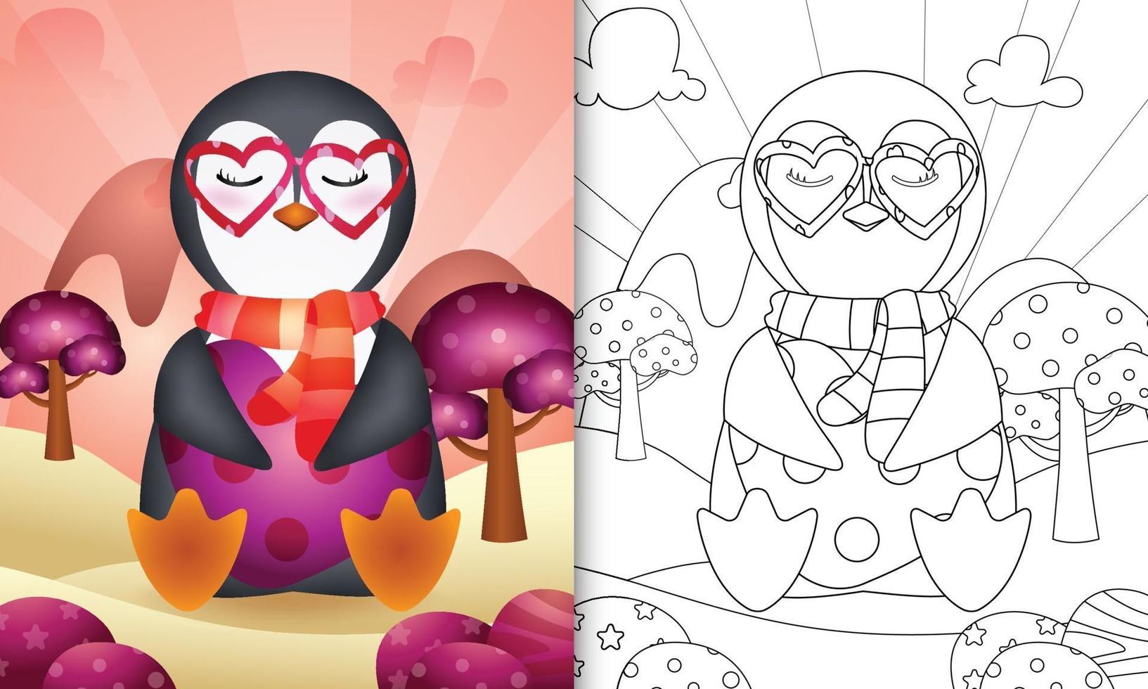 kleurboek voor kinderen met een schattig pinguïn knuffelend hart voor Valentijnsdag vector