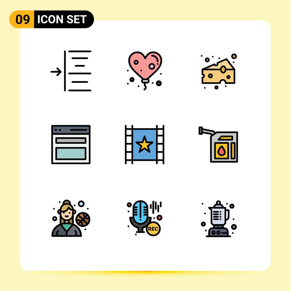 modern reeks van 9 gevulde lijn vlak kleuren en symbolen zo net zo ster speler voedsel multimedia menu bewerkbare vector ontwerp elementen