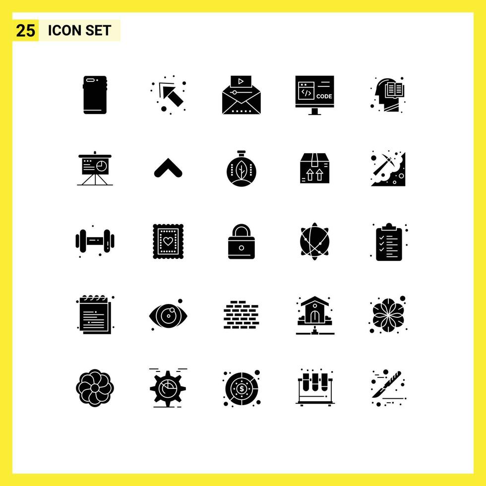 modern reeks van 25 solide glyphs en symbolen zo net zo ontwikkeling codering beroemd video code virale video bewerkbare vector ontwerp elementen