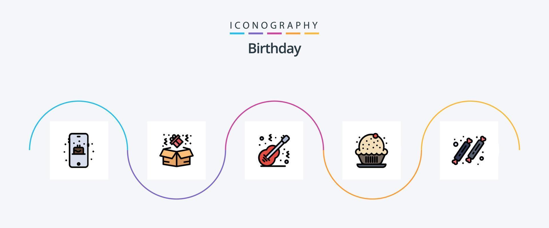 verjaardag lijn gevulde vlak 5 icoon pak inclusief feest. snoep. instrument. feest. taart vector