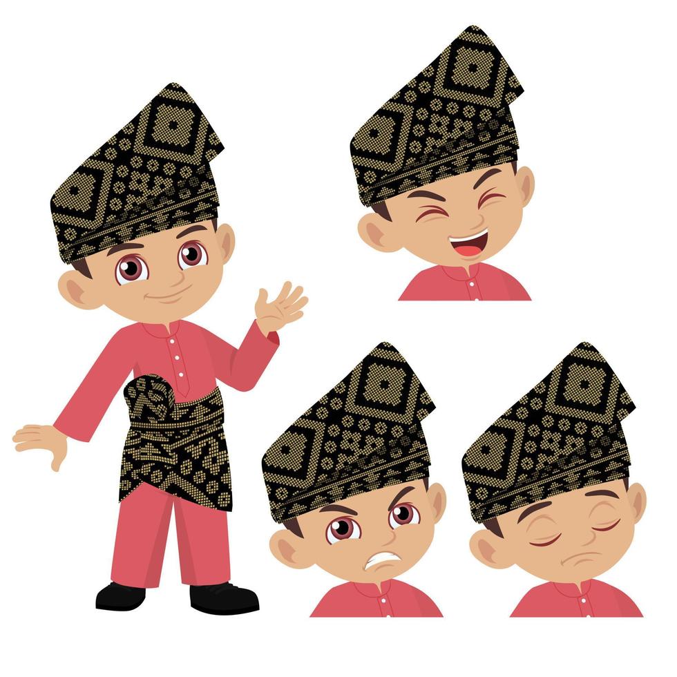 Maleis kind in traditioneel kostuum uitdrukking reeks vector