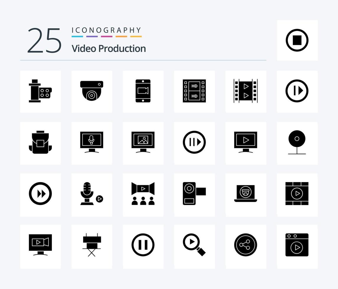 video productie 25 solide glyph icoon pak inclusief media . cctv . camera. mobiel vector