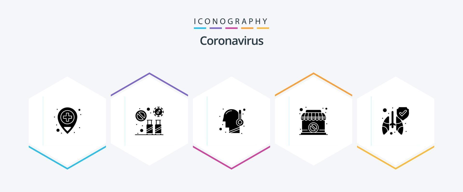coronavirus 25 glyph icoon pak inclusief beschermen. teken. verboden. winkel. temperatuur vector