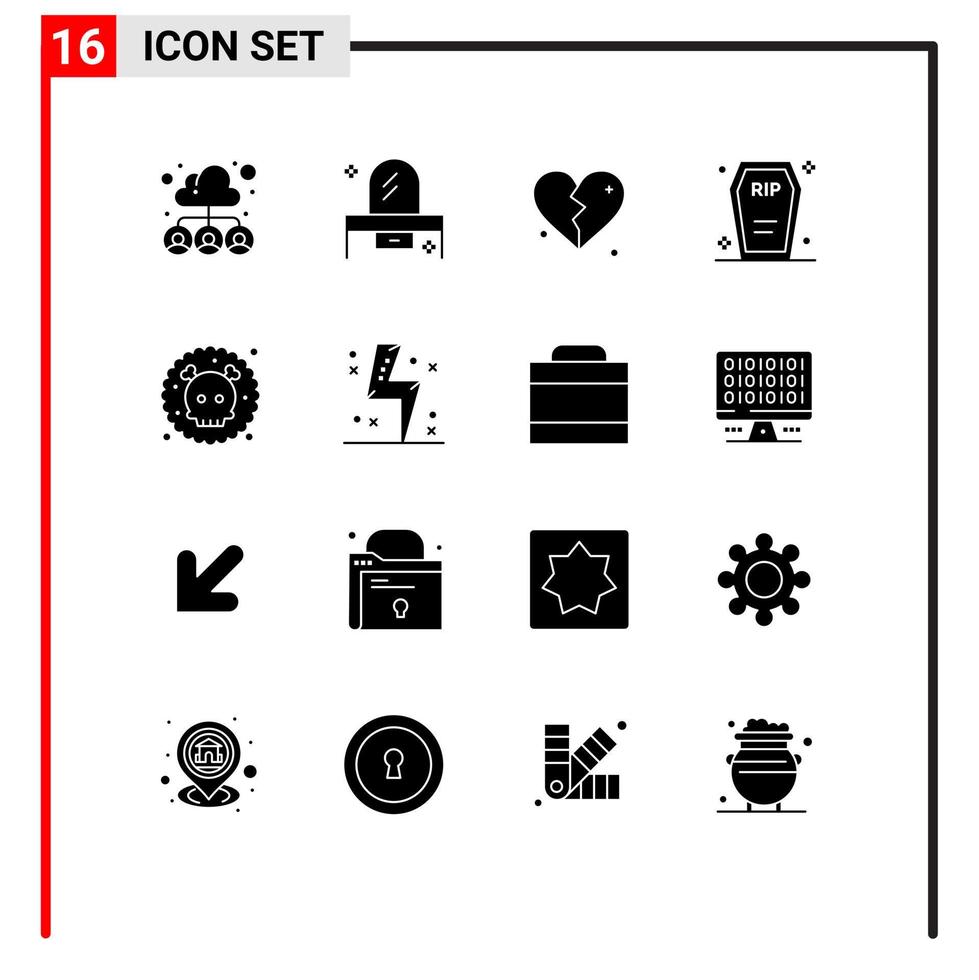 pictogram reeks van 16 gemakkelijk solide glyphs van begrafenis lijkkist dressoir kist hart bewerkbare vector ontwerp elementen