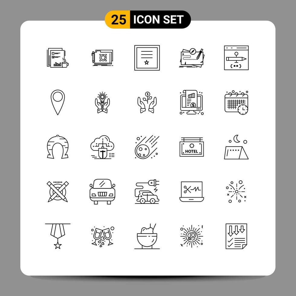 modern reeks van 25 lijnen pictogram van kaart postzegel slot lint insigne bewerkbare vector ontwerp elementen