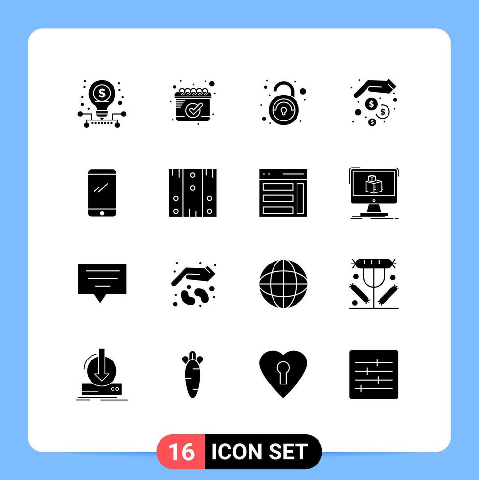 modern reeks van 16 solide glyphs pictogram van mobiel telefoon ontgrendelen geld besparing handen bewerkbare vector ontwerp elementen