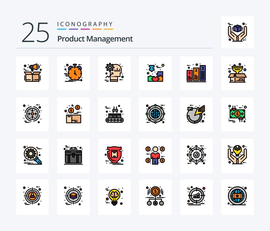 Product beheer 25 lijn gevulde icoon pak inclusief decoupeerzaag puzzel. kubus. beheer. doos. Product vector