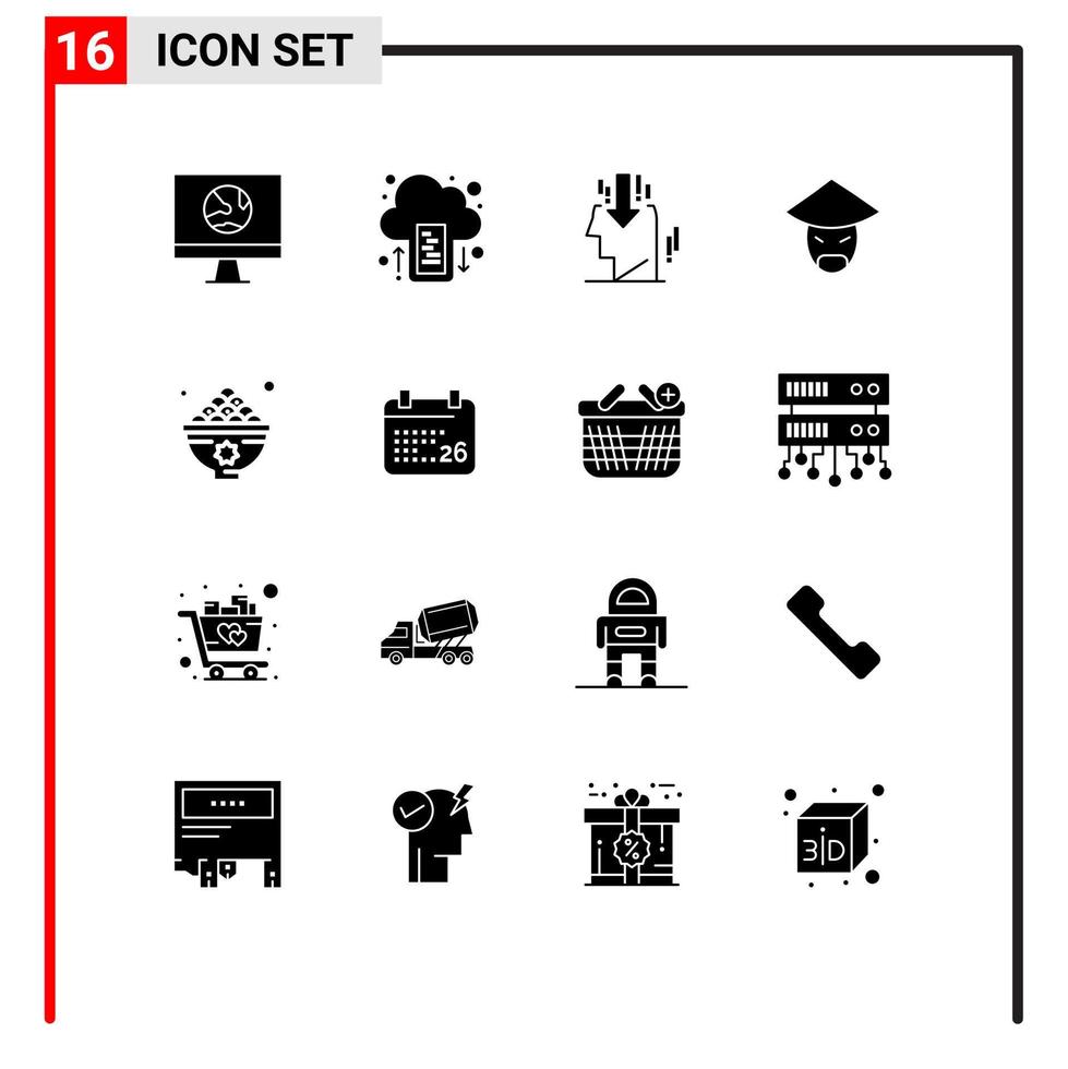 groep van 16 solide glyphs tekens en symbolen voor datums monnik uploaden China openbaar bewerkbare vector ontwerp elementen