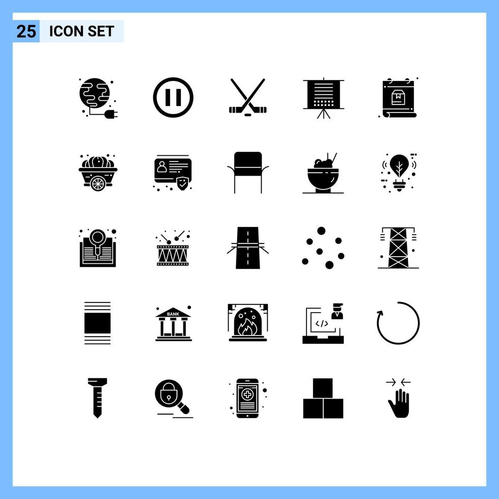 25 solide glyph concept voor websites mobiel en apps schema kalender ijs sport web gegevens bewerkbare vector ontwerp elementen