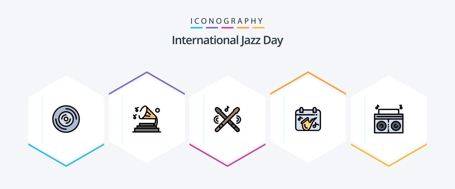 Internationale jazz- dag 25 gevulde lijn icoon pak inclusief speler. saxofoon. trommel. Speel. kalender vector