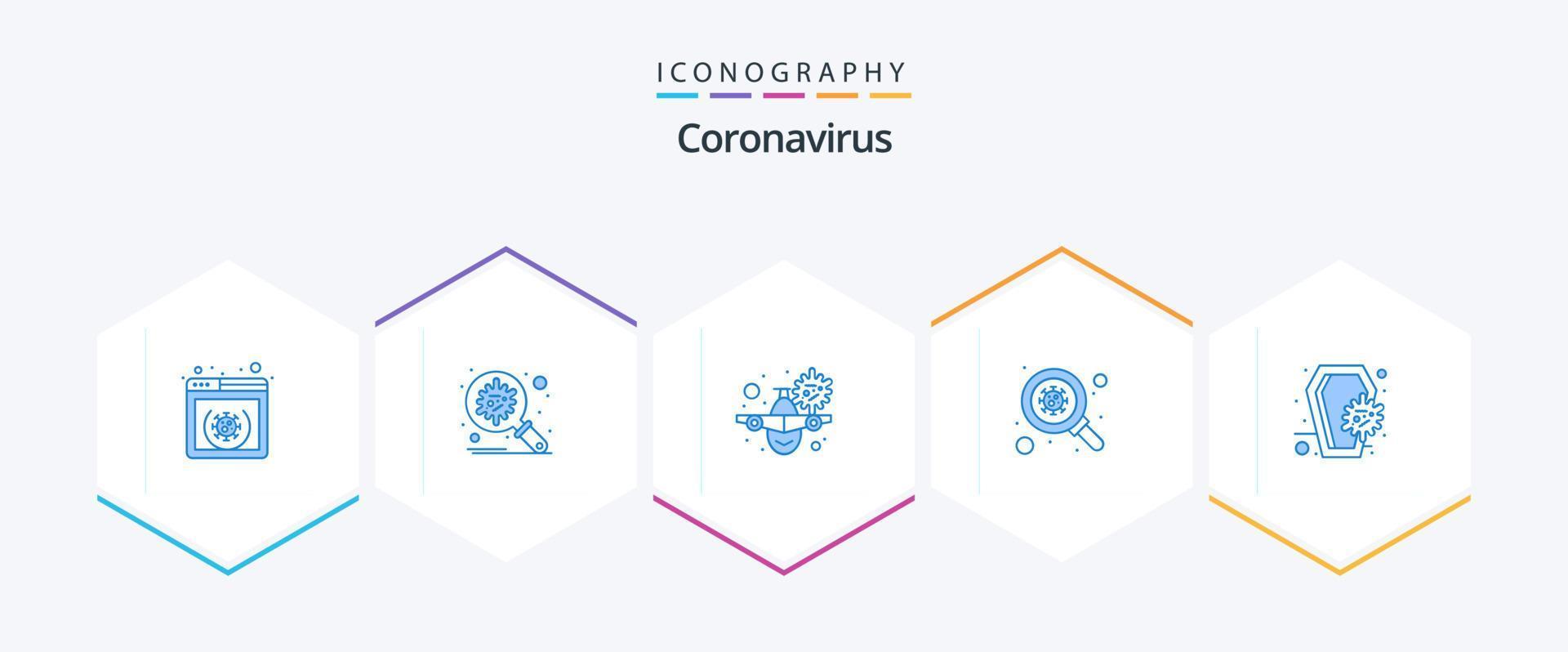 coronavirus 25 blauw icoon pak inclusief scannen. zoeken. verspreiding. bacteriën. waarschuwing vector