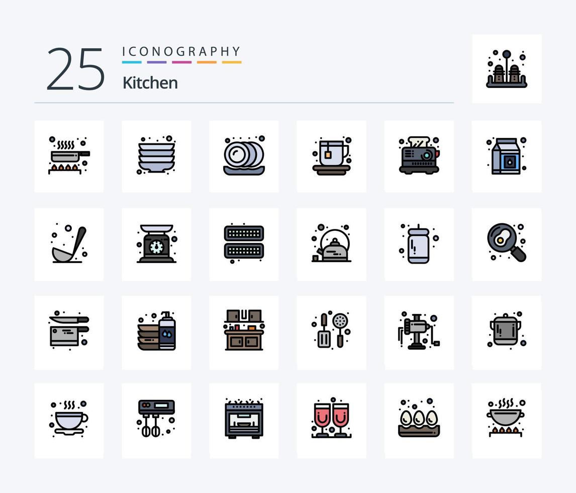 keuken 25 lijn gevulde icoon pak inclusief Koken. pakket. heet. melk. keuken vector