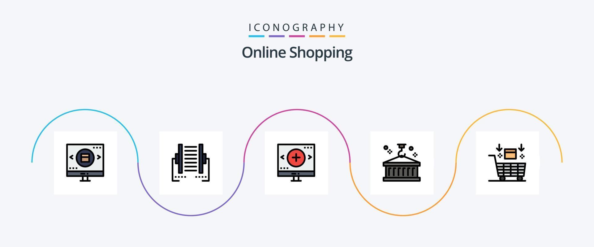 online boodschappen doen lijn gevulde vlak 5 icoon pak inclusief container. doos. digitaal. zoeken. glas vector