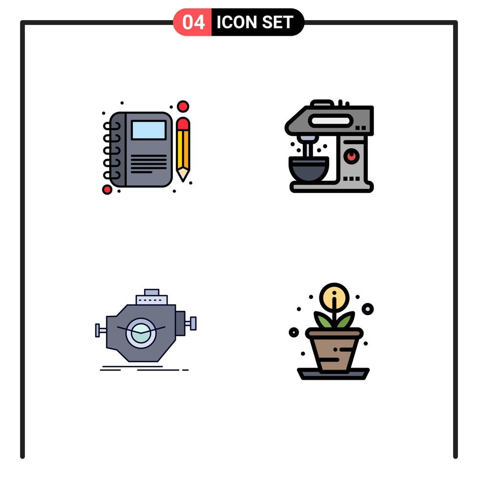 reeks van 4 vector gevulde lijn vlak kleuren Aan rooster voor dagboek motor notitieboekje koffie machine bewerkbare vector ontwerp elementen