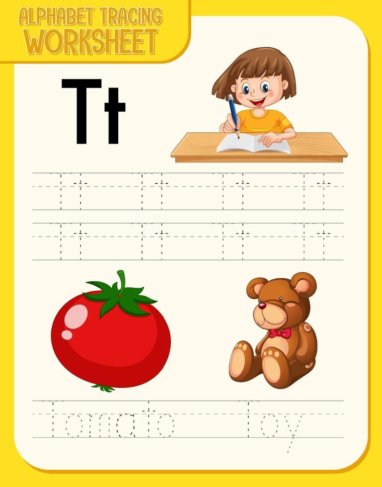 alfabet overtrekken werkblad met letter t en t vector