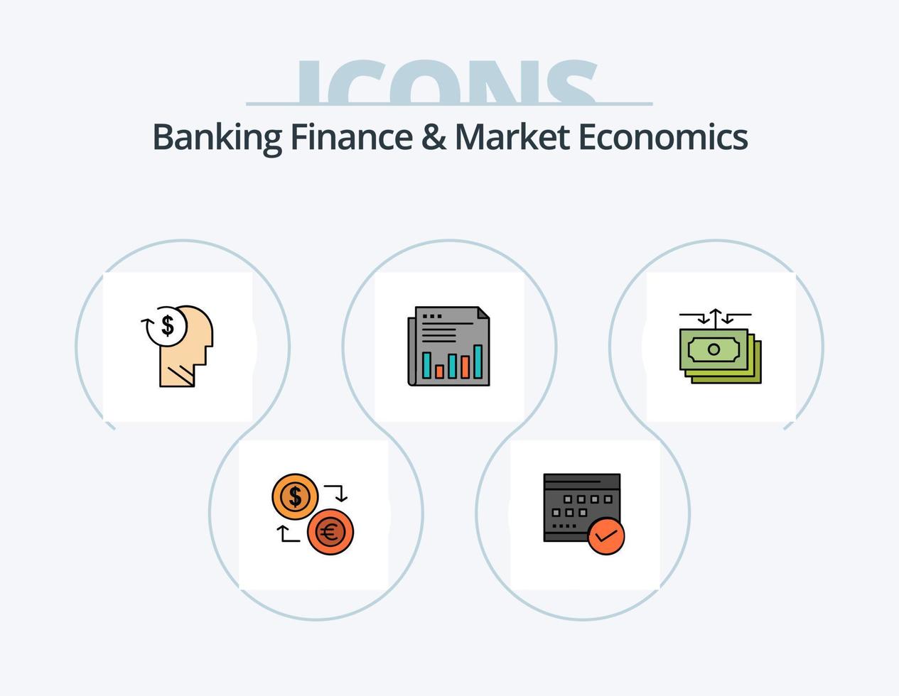 bank financiën en markt economie lijn gevulde icoon pak 5 icoon ontwerp. geld. dollar. boekhouding. wiskunde. rekenmachine vector