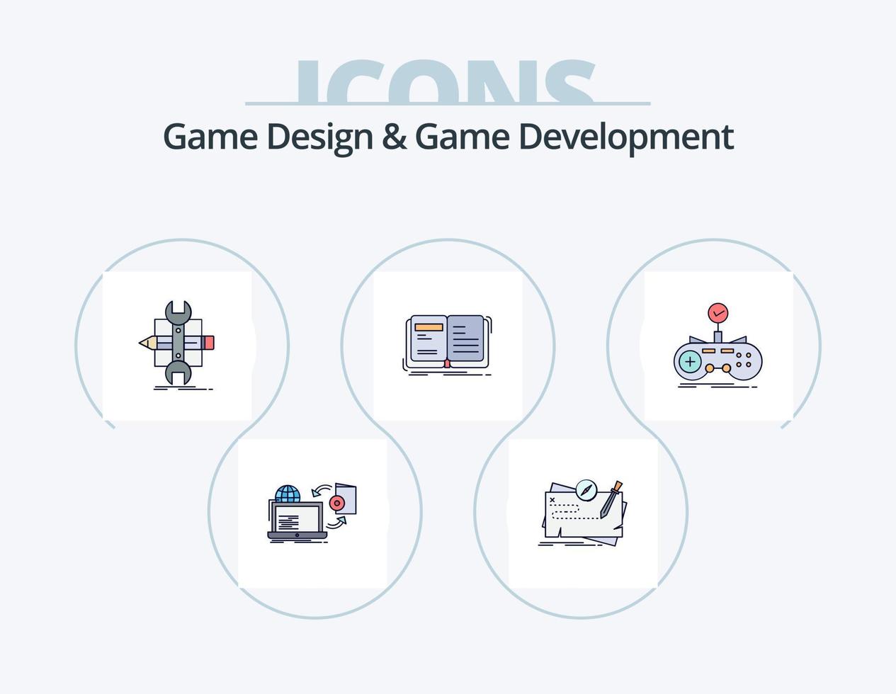 spel ontwerp en spel ontwikkeling lijn gevulde icoon pak 5 icoon ontwerp. evenement. kalender. gamepad. verhaal vertellen. Open vector