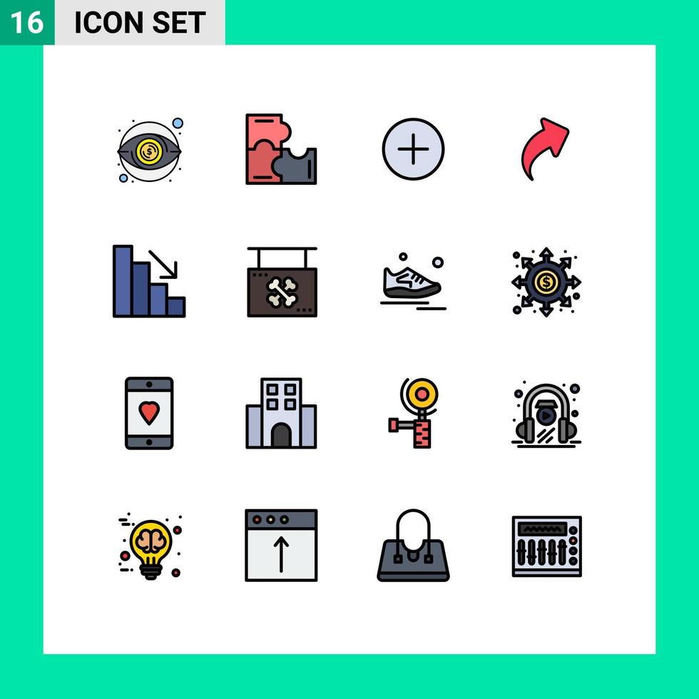 groep van 16 vlak kleur gevulde lijnen tekens en symbolen voor vallen analytics twitter Rechtsaf omhoog bewerkbare creatief vector ontwerp elementen