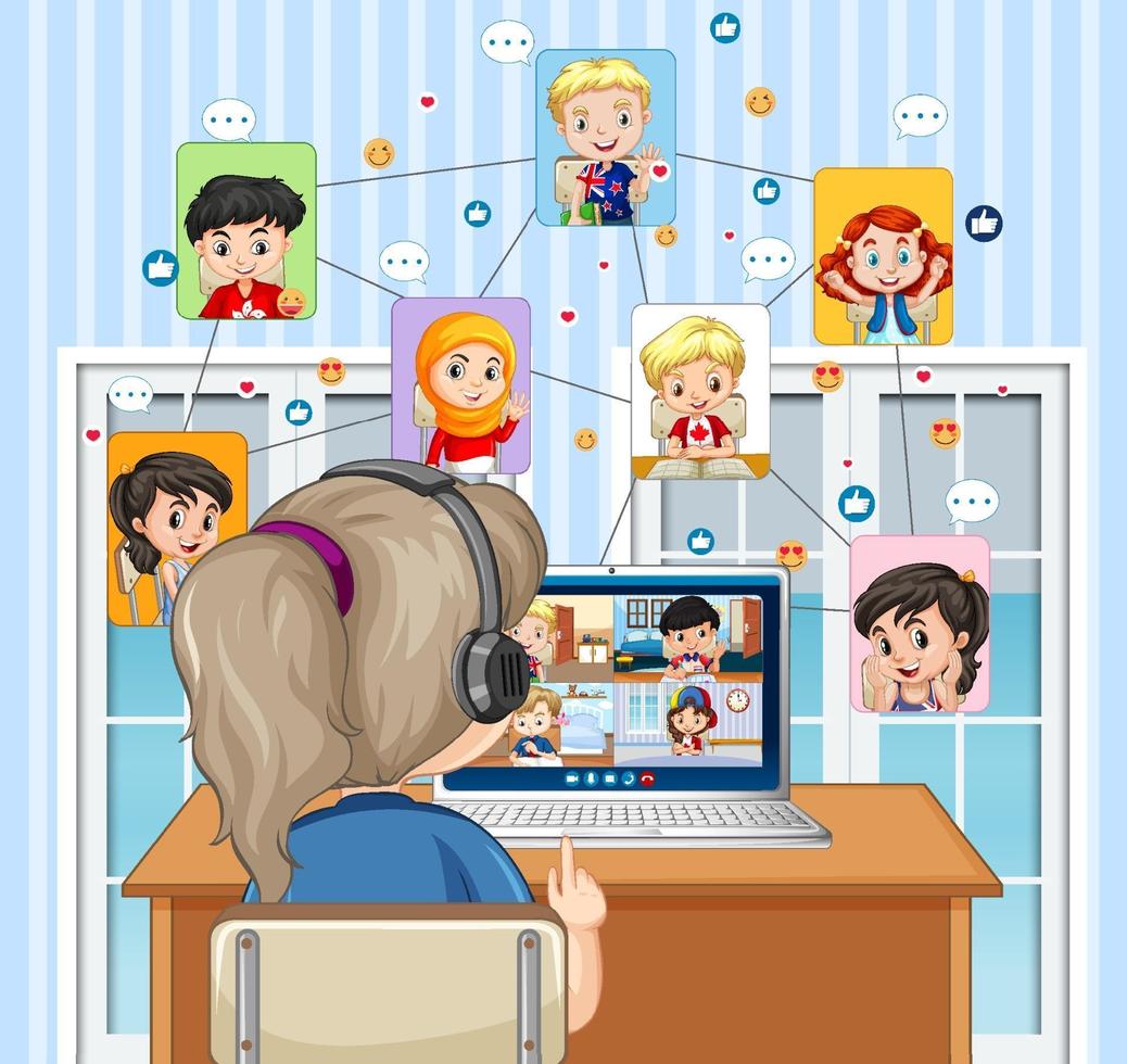 achteraanzicht van meisje computer kijken voor videoconferentie met vrienden vector